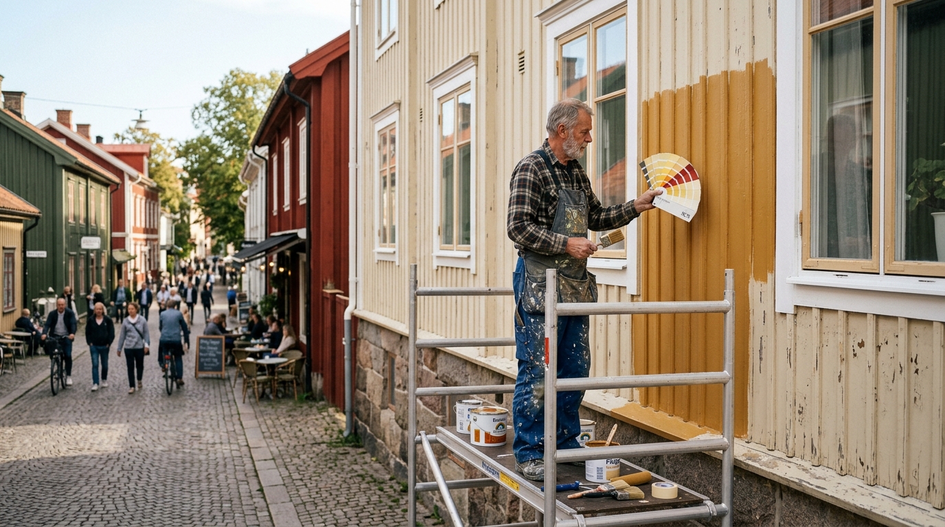 Målare på ställning målar träfasad på villa i Göteborg under sommarsol