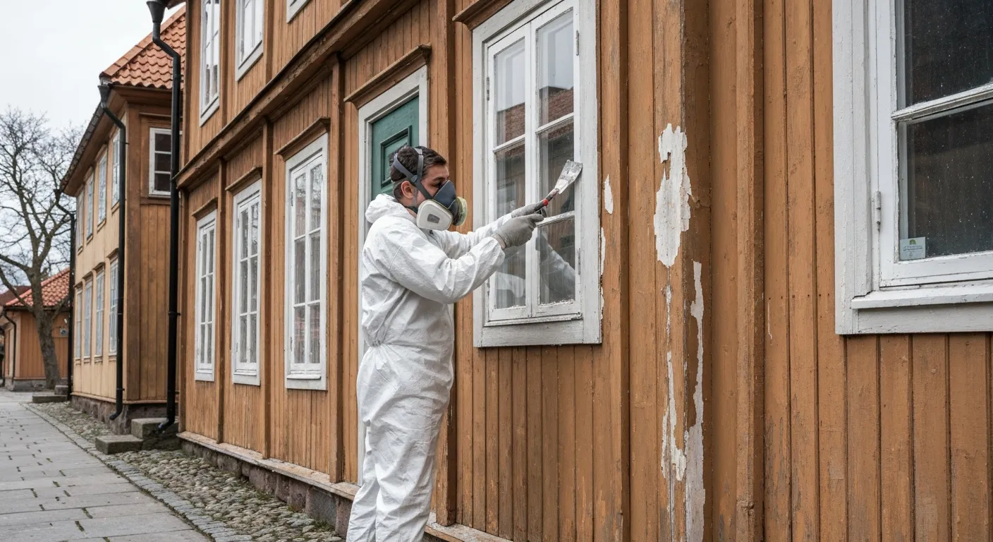 Fasadmålare i skyddsutrustning arbetar med sanering av blyfärg på ett äldre hus i Haga, Göteborg