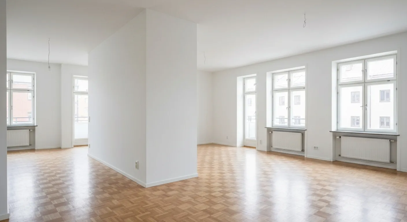 Ljust vardagsrum i en bostadsrätt i Göteborg med nymålad vit vägg och parkettgolv