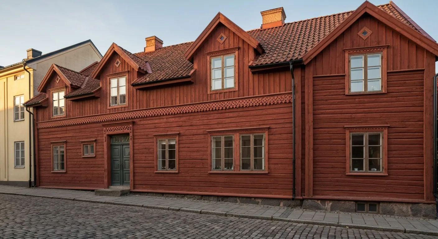 Rödbruna landshövdingehus på Carl Johansgatan i Majorna, Göteborg, med nymålad träfasad