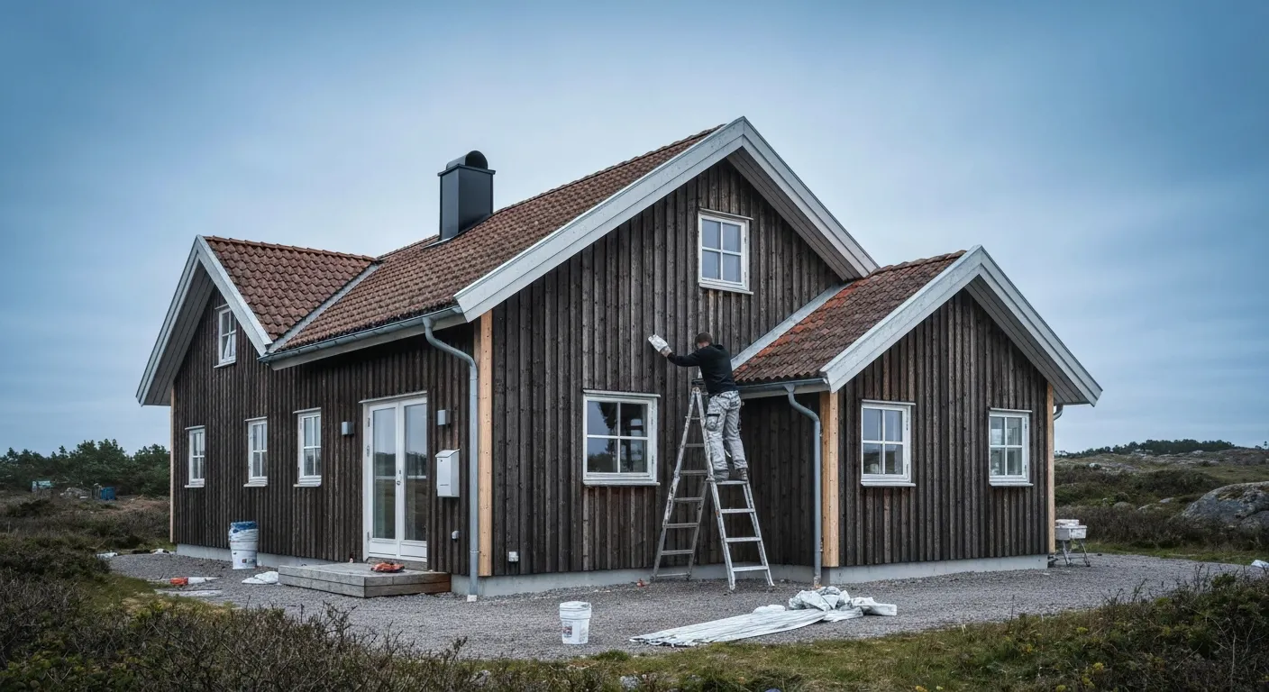Kustliggande trähus i Kungsbacka med nymålad fasad mot havet
