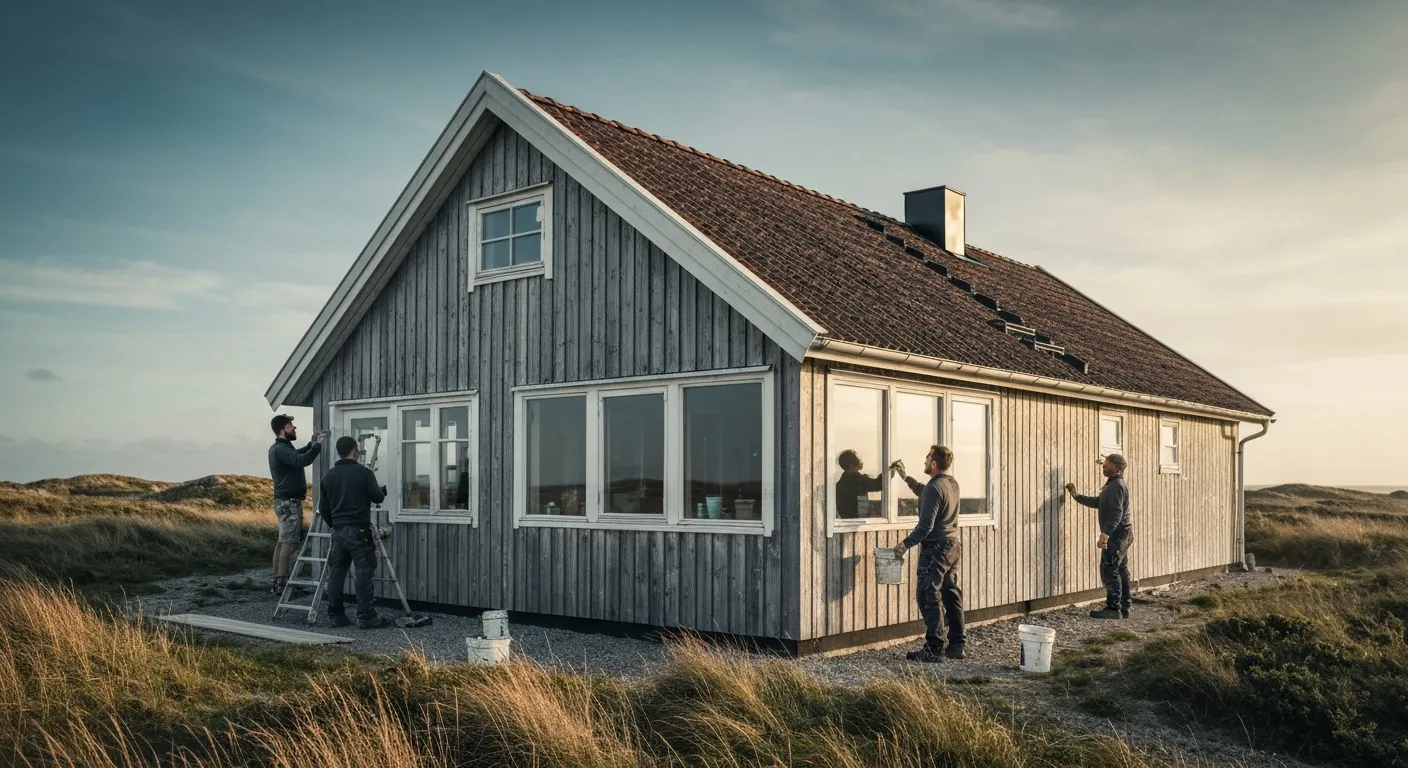 Strandnära trähus i Varberg med vittrad fasad mot havet som målas om professionellt