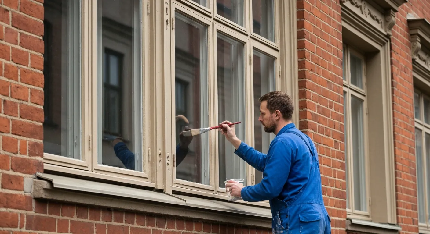 Målare målar om träfönster på ett sekelskifteshus i Göteborg med professionell utrustning