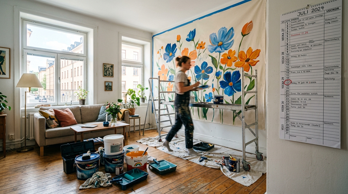 Målare med färgburkar och material i en lägenhet i Göteborg, tidsplan synlig på vägg