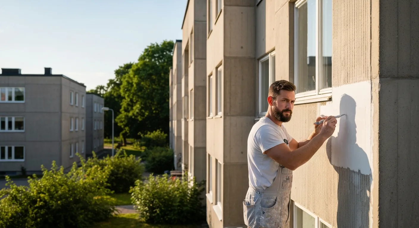 Professionell målare arbetar på ett 1960-tals flerfamiljshus i Borås