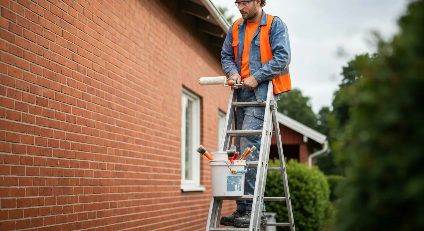 Professionell målare på stege målar fasaden på ett 1950-talshus i Mölndal