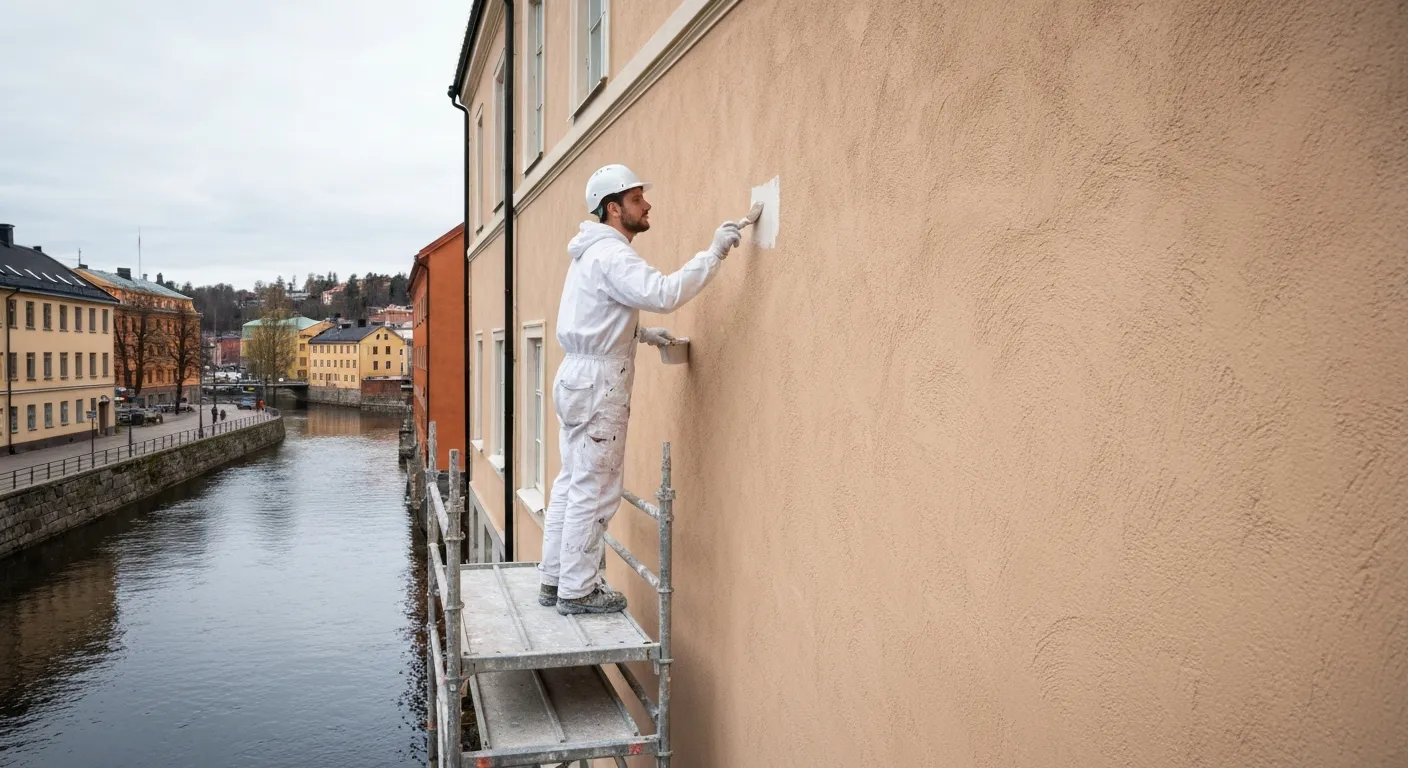 Målare på ställning som målar en putsfasad på ett flerfamiljshus i Trollhättan