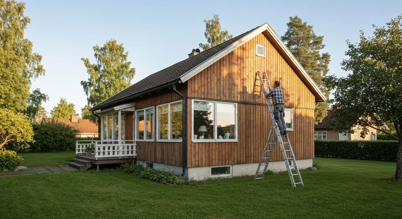 1970-tals trähus i Partille med en målare som renoverar träfasaden