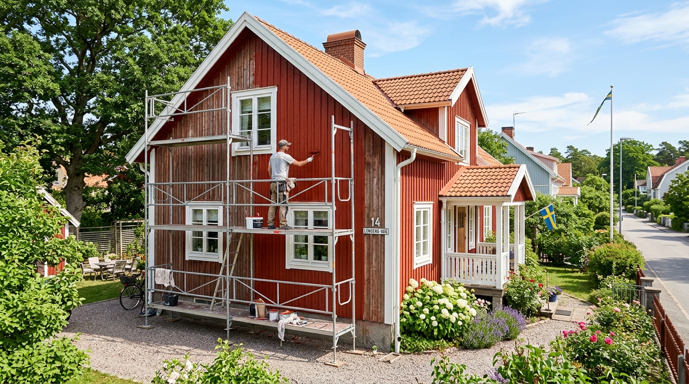 Tegelbyggnad från sent 1800-tal i Vasastaden Göteborg med målare på ställning