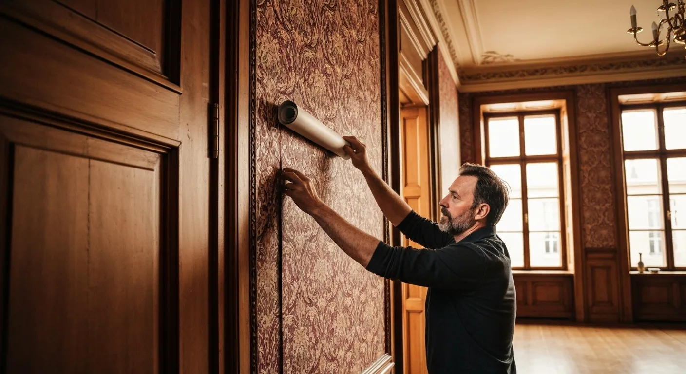 Tapetserare mönsterpassar en vilttapet i ett sekelskifteshus i Göteborg med hög takhöjd