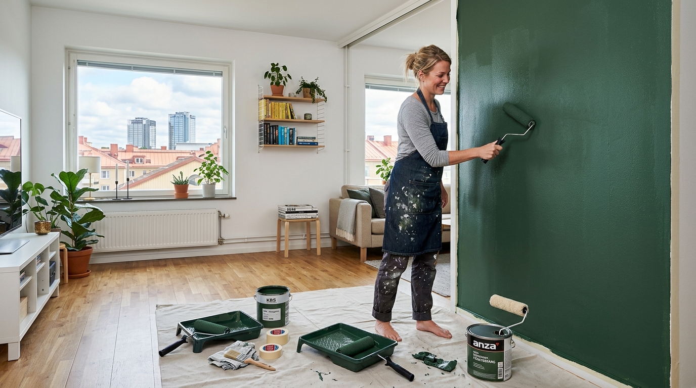 Professionell målare målar innerväggar i en lägenhet i Göteborg med roller och pensel