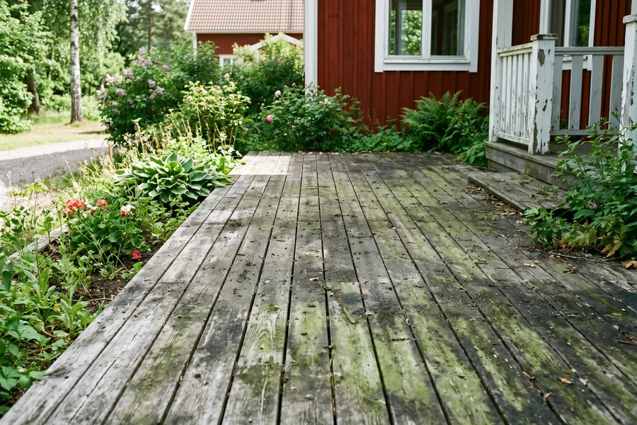 Före – Villa i Kungsbacka – grönt trädäck tvättat rent inför sommaren
