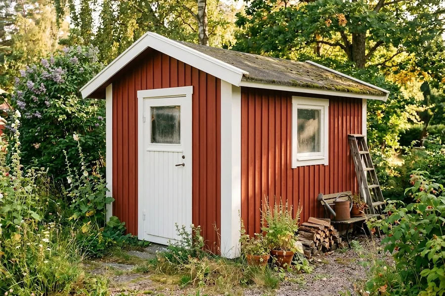 Efter – Trädgårdsbod i Alingsås – flagnande rödfärg ommålad