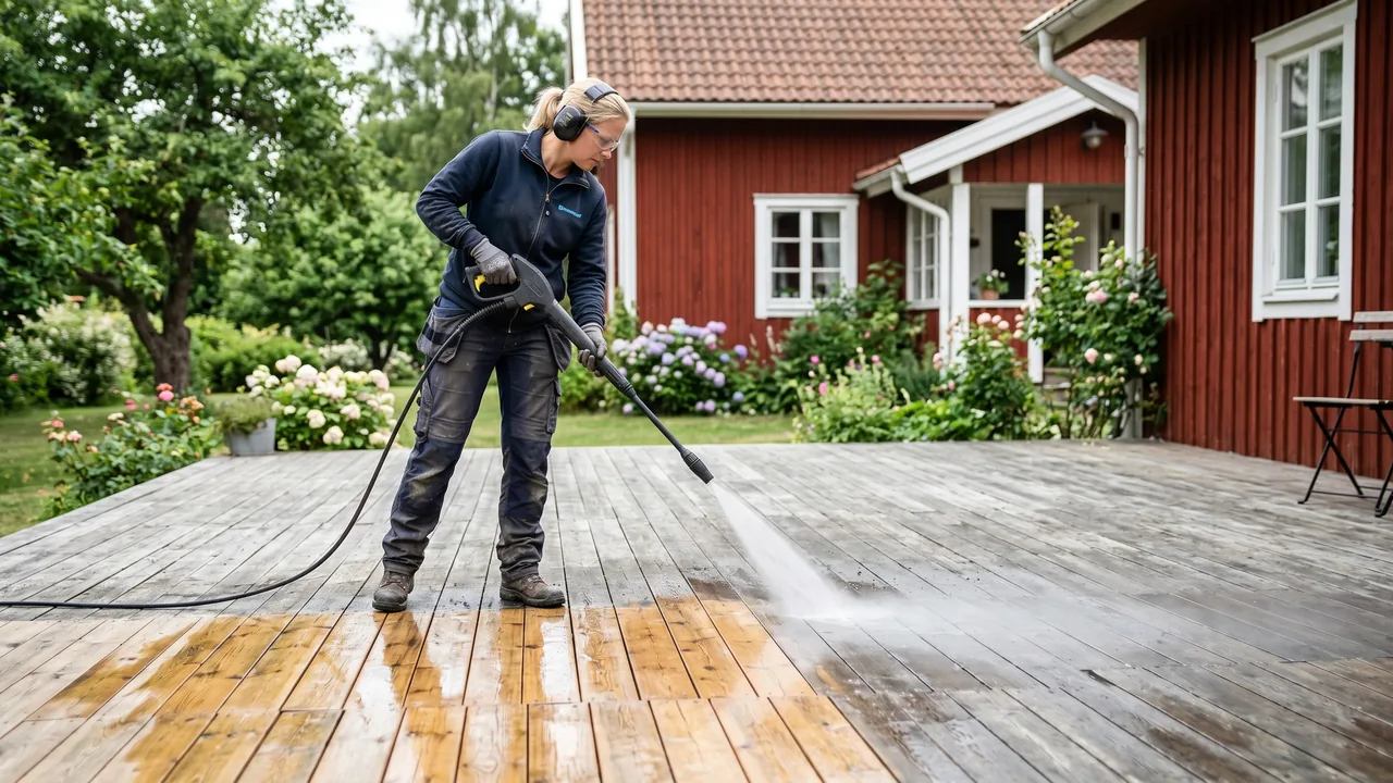 Hantverkare högtryckstvättar ett trädäck på en villa i Göteborg
