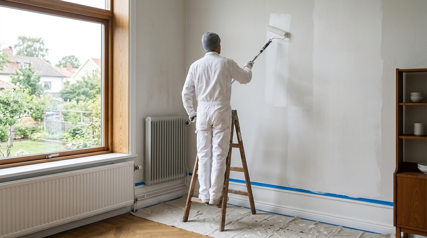 Professionell målare utför inomhusmålning i ett hus i Skövde