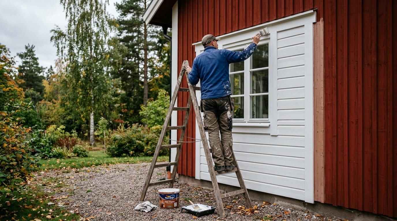 Målare arbetar utomhus på en fasad i Göteborg under sommarens högsäsong